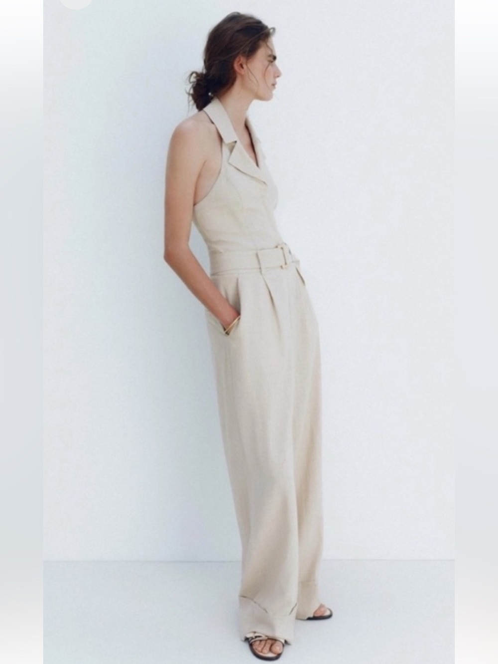Zara Cream Halter Collared Belted Wide-Leg Jumpsuit - Picture 3 of 6